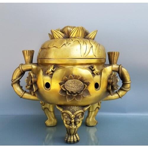 Home Decor 16" Chinese Seikos Brass Frog statue big lotus stove Lotus root incense burner Tripod tripod Incense