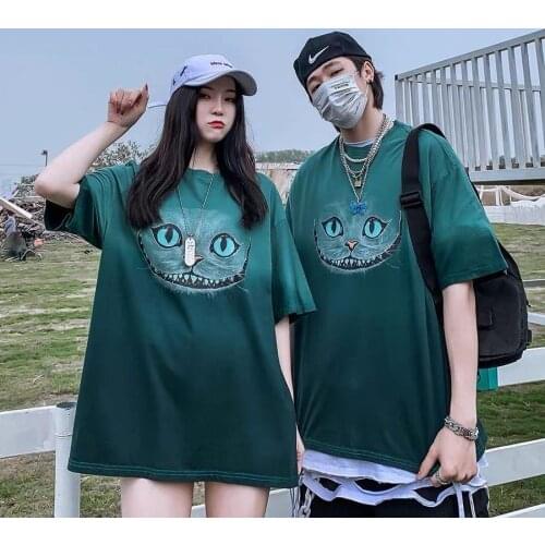 Hip-hop short-sleeved gradient cat T-shirt for men and women loose large size ins trend couple wear niche design sense summer