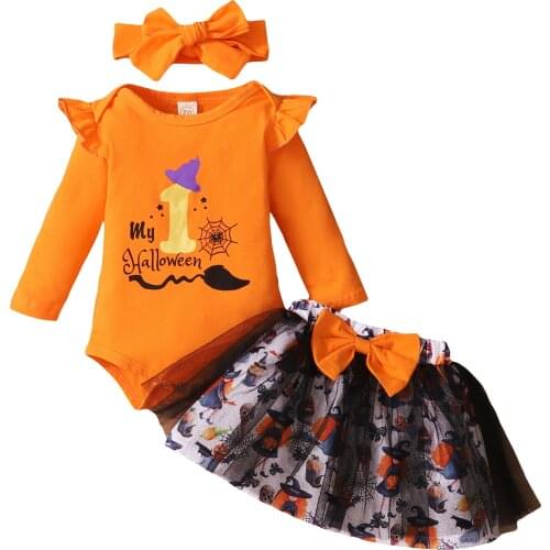 2021 Baby Clothes My First Halloween Costume Outfits Long Sleeve Letter Print Romper Tulle Skirt Headband Childrens Clothing