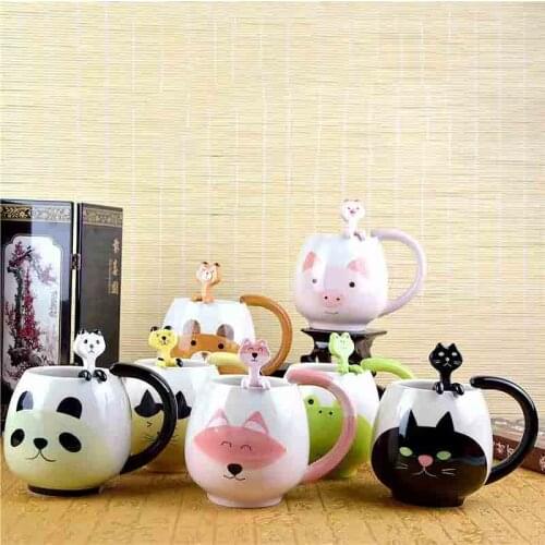 12 Oz Cat Mug with Spoon Fox/Panda/Pig/Bear/Frog Mug Cute Animal Mug For Milk Coffee Cups Drinking Water Coffee Mug