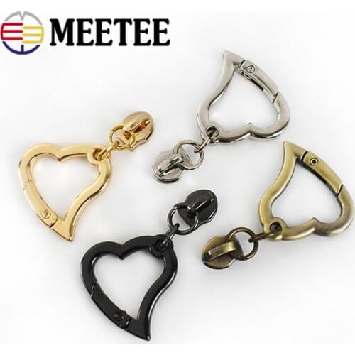 Meetee 10pcs 5# Slider for Nylon Metal Zipper Heart Spring Ring Pendant Zippers Pull DIY Bag Decor Zip Slider Puller Accessories