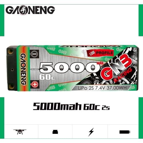 GAONENG GNB 5000mAh 2S 7.4V 60C/120C Low Profile Hardcase LiPo Battery 5.0mm Bullet XT60 T Plug for 1:10 1/10 RC Car Boat