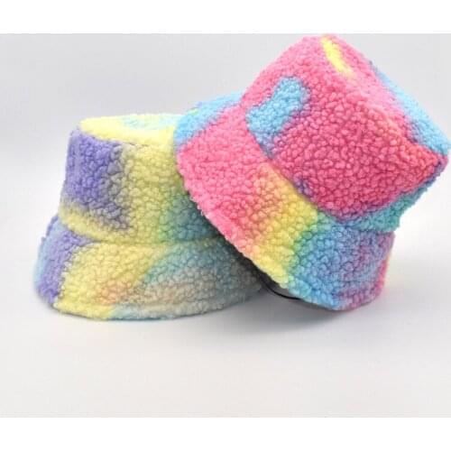 New Tie-dyed Fisherman Hat Autumn And Winter Lamb Plush Bucket Hat Outdoor Warm Sunscreen Sun Hat Panama Hat Ladies