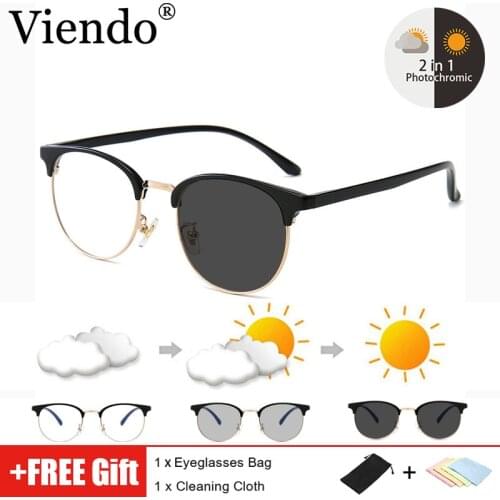 Retro Anti Blue Ray Light Blocking Photochromic Glasses Women Men Metal Computer Eyeglasses Auto Color Chaning UV400 Sunglasses