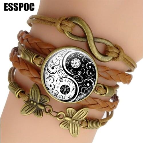 Yin Yang Tai Chi Rope Bracelet Black and White Meditation Braided Leather Punk Wrap Bracelets for Women Men Gifts