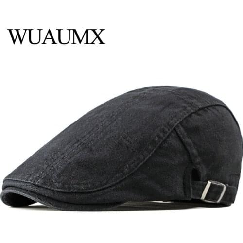 Wuaumx Simple Solid Cotton Berets Hat For Men Women Washed Herringbone Flat Peaked Hat Casual Painter Newsboy Cap boina hombre