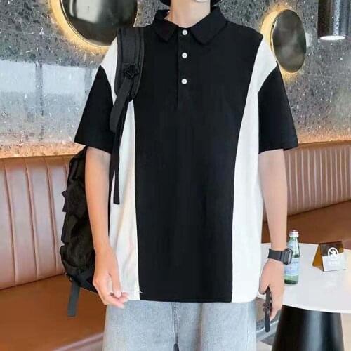 Summer Black And White Stitching Lapel Polo Shirt Male Led Short-sleeved T-shirt Tide Brand Loose Large Size Pure Cotton Half-sl