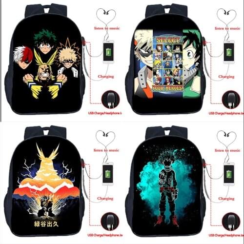 My Hero Academia USB Charge Backpack Boys Girls Teens Deku Schoolbag Students All Might Bookbag Men Women USB Travel Bag Gift