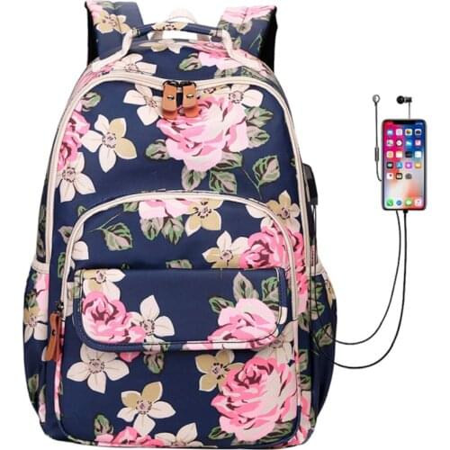 Casual Women Backpacks Waterproof Nylon Bag For Teenagers Student bookags USB Ladys Daily Backpack Printing Flowers Knapsack