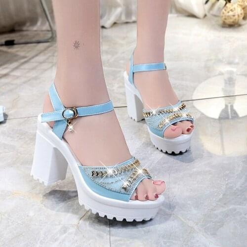 High heel sandals women thick heel rhinestone platform hollow sandals open toe waterproof platform fish mouth womens shoes