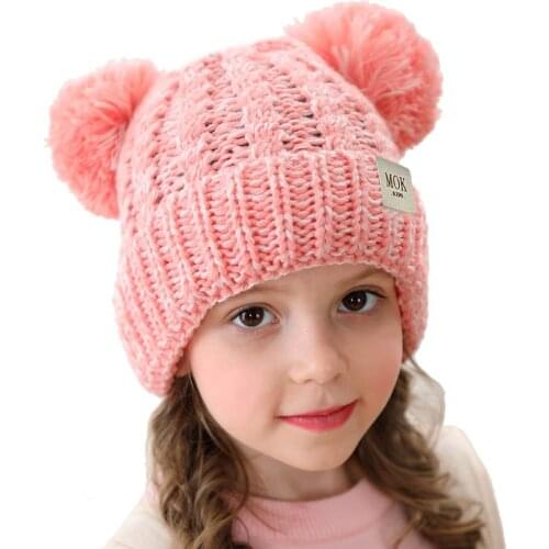 Double Hair Ball Cap Girls Boys Child Keep Warm Winter Knitted Hat Wool Hairball Ski Hats Gorro Beanie Hat Fur Pom Beret Crochet
