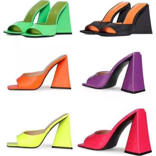 New Square-toe Thick-heeled Open-toe High-heeled Slippers Slides Women Large Size Patent Leather Sandals Mules Shoes Summer