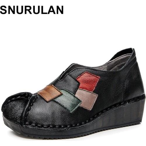 SNURULAN Women Summer Autumn Genuine Leather Pumps 2020 Retro Round Toe Handmade Ladies Casual Stitching Wedges Shoes