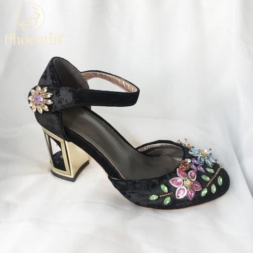 Phoentin black flower Mary Jane crystal shoes wedding heels luxury red velvet womens shoes with a round toe plus size 45 FT028A