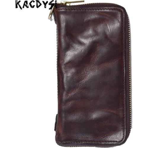 Unique Handmade 100% Genuine Cowhide Leather Mens Money Wallet Fold Retro Day Clutches Zipper Man Clutch Bag Card Holder Wallet