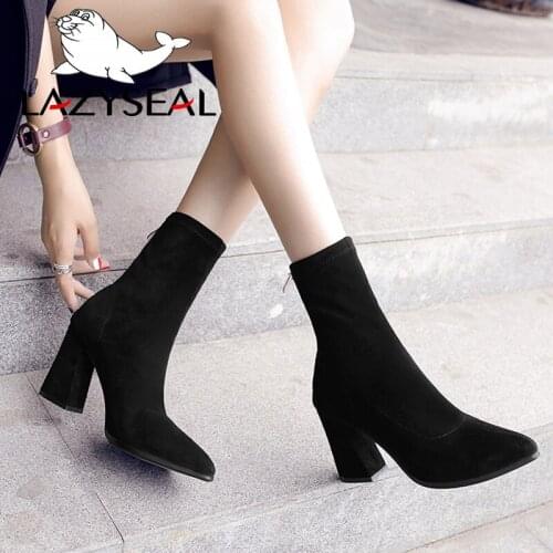 LazySeal Pointed Toe Flock Sock Boots Women Shoes With Back Zipper Square Heels Ankle Boots Woman Shoes New Ladies Black Boots