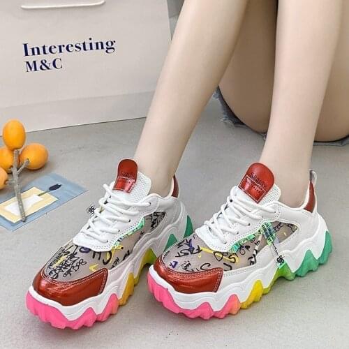 Womens Colorful Graffiti Dad Shoes Womens Summer Breathable Versatile Jelly Rainbow Bottom Sneakers Platform Casual Shoes
