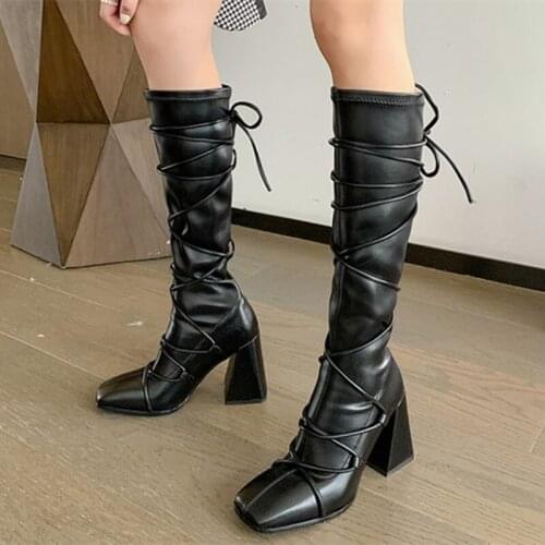 Cross Strap Square Toe Fashion Knee High Boots Women Shoes High Chunky Heel Short Boots Winter