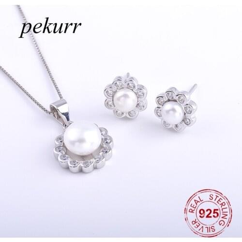 Pekurr 925 Sterling Silver Zircon Lace Wreath Freshwater Natural Pearl Earrings Necklace Sets For Women Round Pendants Jewelry