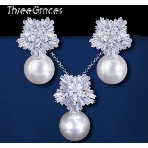 ThreeGraces Luxurious Design White Gold Color Zircon Stone Pearl Drop Pendant Necklace and Earrings Jewelry Sets For Women JS082