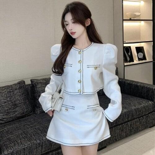 Temperament Sweet White Women Crop Jacket Coat Top+Skirts Set Fall Streetwear Korean Fashion Casual Two Piece Suits Lady Clothes
