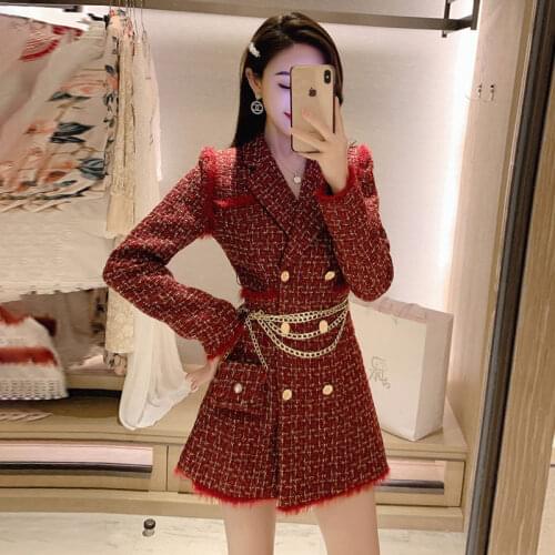 2020 Autumn New Temperament Tweed Jacket Double-breasted Ladies Suit Plaid Woolen Retro Women Blazer Feminino Coat Robes k1107