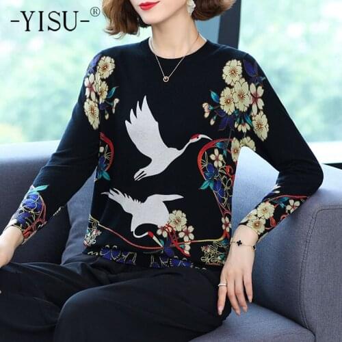 YISU Spring Autumn Wool Pullover Sweater O-Neck Women Loose Knitted Sweaters Jumpers Female white crane printing sweater Women