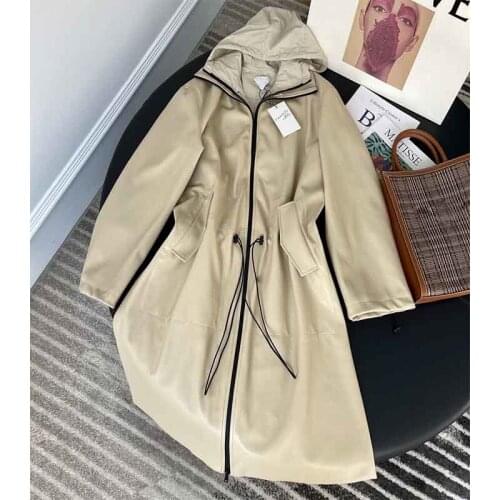 Women Coat Autumn Winter Ladies PU Zipper Windbreaker Sleeve Hooded High Waist Casual Long Jacket