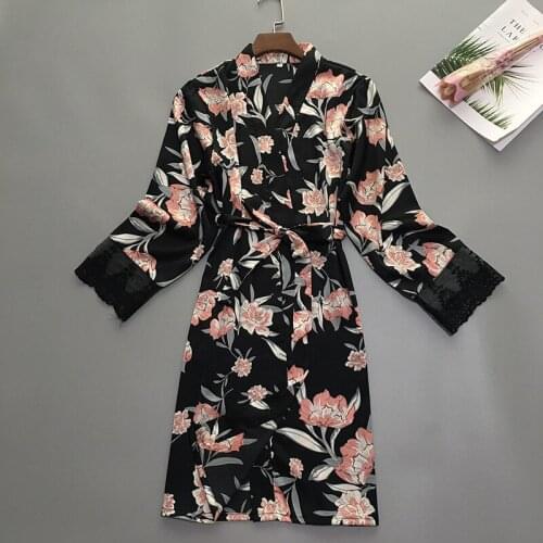 Print Flower Women Robe Sexy Kimono Bath Gown Satin Nightwear Casual Loose Sleepwear Lingerie Summer Thin Lounge Wear Nightgown