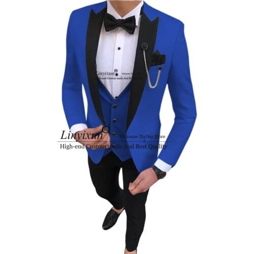 2021 Royal Blue Men Suit 3 Piece Slim Fit Casual Black Lapel Groomsmen Tuxedos Men Suits for Wedding (Jacket+Vest+Pants)