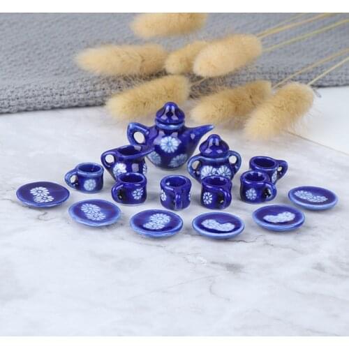 1/12 Dollhouse Tableware Porcelain Miniature Tea Cup Sets Mini Teapot Coffee Plate Play Kitchen Dining Ware Toy 15pcs