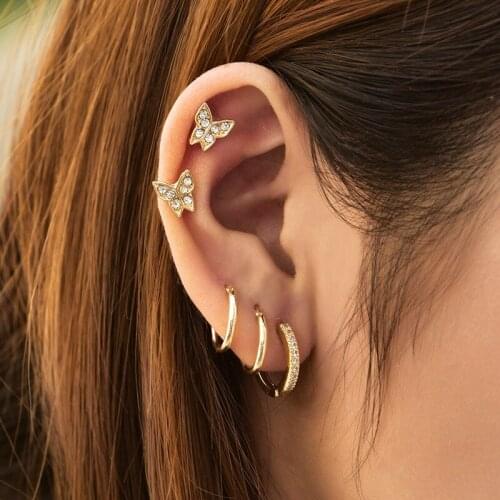 5 Pcs Fashion Elegant Crystal Butterfly Clip Earrings for Women Sweet Statement Circle Hoop Earrings Party Jewelry Gifts