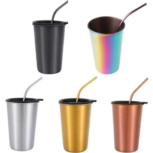 500ml Stainless Steel Cup with Lid Drinking Straw Travel Mug Portable Coffee Tea Milk Tumbler