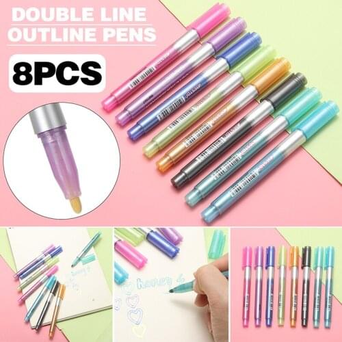 8 Colors Metallic Double Lines Shimmer Marker Set Glitter Outline Pens Drawing Writing Supplies For DIY Project
