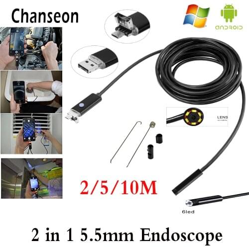 5.5mm Lens 2 IN1 USB Android Endoscope Camera 2m 5M 10M Snake Tube Pipe Inspection for Underwater Viewing Car Repair Endoscopio