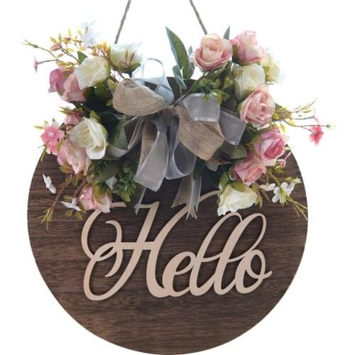 Simulation Flower Door Hanging Home Decoration Small Rose Wreath Welcome Sign Farmhouse Wooden Tag Pendant