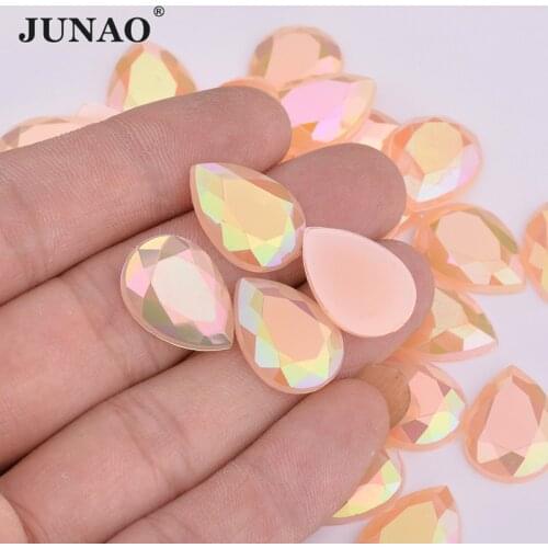 JUNAO 10*14mm 13*18mm Light Peach AB Teardrop Crystal Rhinestone Glue on Strass Stones Flatback Acrylic Gems for Handicrafts