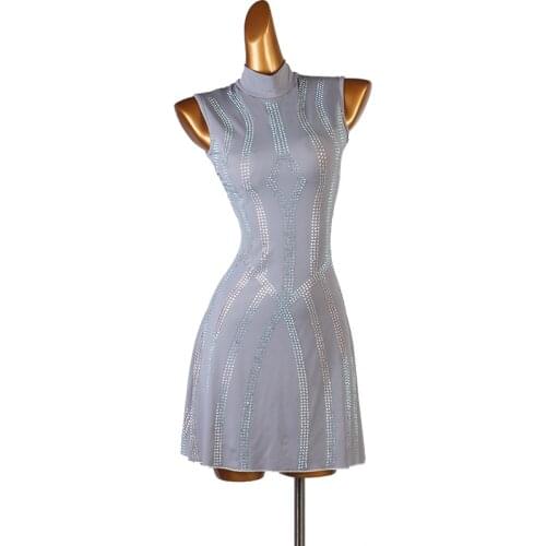 Custom Grey Junior Latin Dress Crystals Rhinestones Sleeveless Competition Performance Costumes