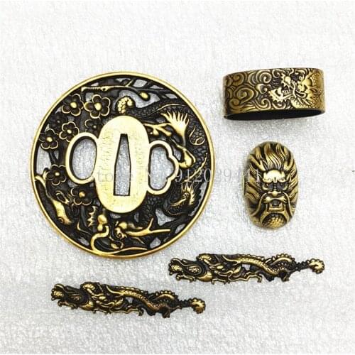 A Set Copper Japanese Sword Fittings HandGuard For Katana/Wakizashi Dragon Theme Tsuba/Kashira/Fuchi/Menuki DIY Fittngs
