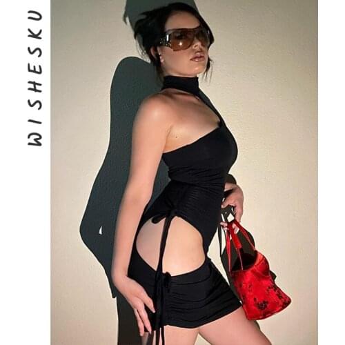 Slim One-Shoulder Turtleneck Bandage Sexy Mini Dress Women Irregular Hollow Out Club Party Dresses Dating Wrap Robe 2021 Summer