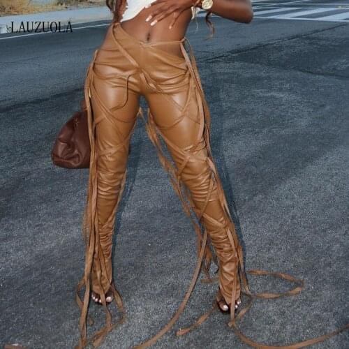 Bandage Sexy Stacked PU Leather Pants for Women New 2020 Winter High Waist Ruched Thick Warm Fleece Pant Legging Female Clubwear