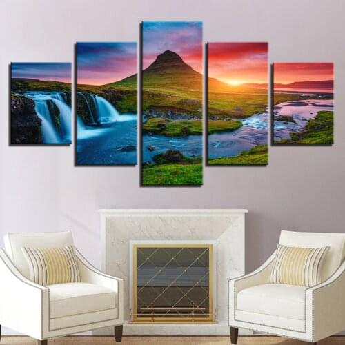 HD Print Canvas Painting Waterfall Landscape Stick On The Wall 5 Panel Sunrise For Living Room Home Decor Modular Picture