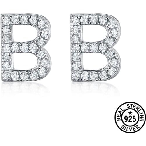 Statement Jewelry 925 Sterling Silver Letter B Crystal Zircon Fashion Stud Earrings For Women Gift Trendy Fine Jewelry