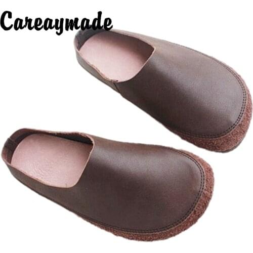 Careaymade-Genuine leather round head retro grandmother shoes literary and artistic model slippers pure handmade slippers