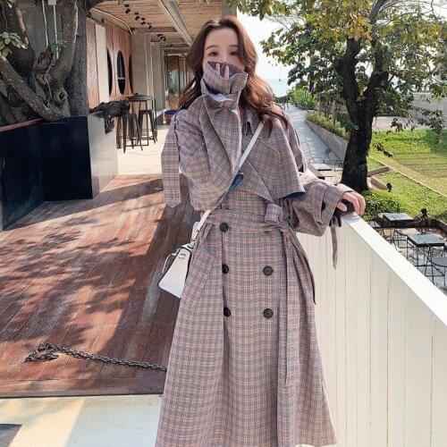 Trench Coat Female New Super Long Plaid Spring Autumn Womens Windbreaker Korean Loose Over The Knee Simple Classic Ladies Cloak