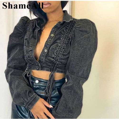 Gothic Ruched Drawstring Sexy Crop Jeans Jacket Vintage Club Long Puff Sleeve Dark Goth Black Short Denim Coats Bomber Jean Tops