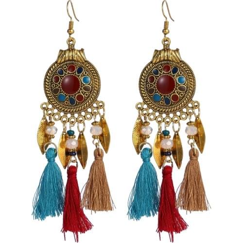 Vintage Fashion Women Colour Boho Tassel Earrings Jewelry Crystal Beads Alloy Leaf Tassel Drop Earrings Round Pendientes