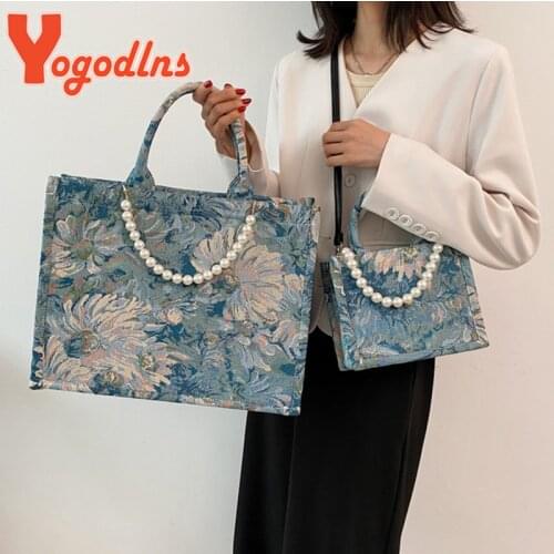 Yogodlns Elegant Printing Canvas Handbag Womens Large Capacity Shoulder Bag Pearl Design Tote Bag Advanced Crossbody Bag Bolsa