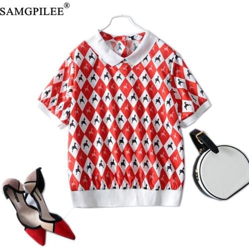 Summer Sweet Romantic Chiffon Turn Down Collar Geometric Diamond Pattern Straight Female Funny Short Sleeves T Shirt Oversized