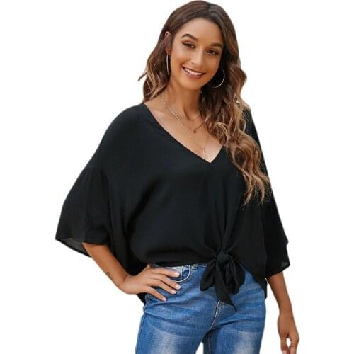 Blusas Femininas 2021 Fashion Solid Tops and Blouses Mujer Femme V-neck Black Shirts Print Chiffon Women Blouses